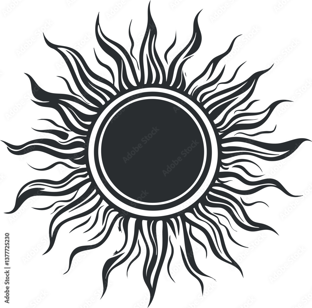 Poster abstract black and white sunburst design with intricate rays and circular pattern.