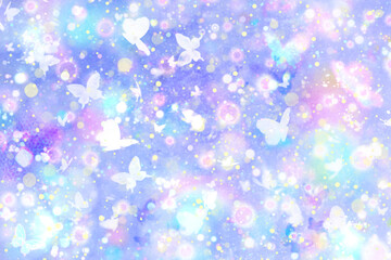 蝶が舞う神秘的、メルヘン、幻想的なきらきら光るシンプルグラデーション背景壁紙イラストテクスチャ【青、紫、水色、ピンク】
