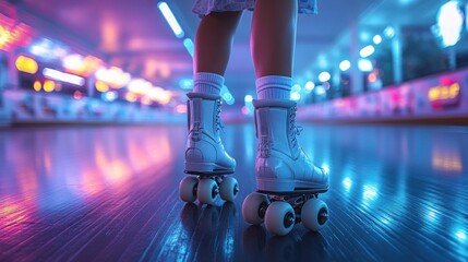 Roller skating woman, neon lights, indoor rink, fun