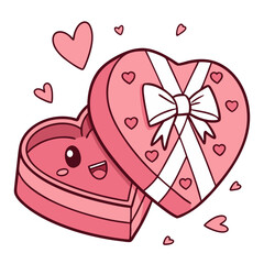 A charming pink heart shaped present, adorned with a bow, opens to reveal a happy face. Surrounding it are floating hearts, enhancing its adorable appearance. Perfect for special occasions