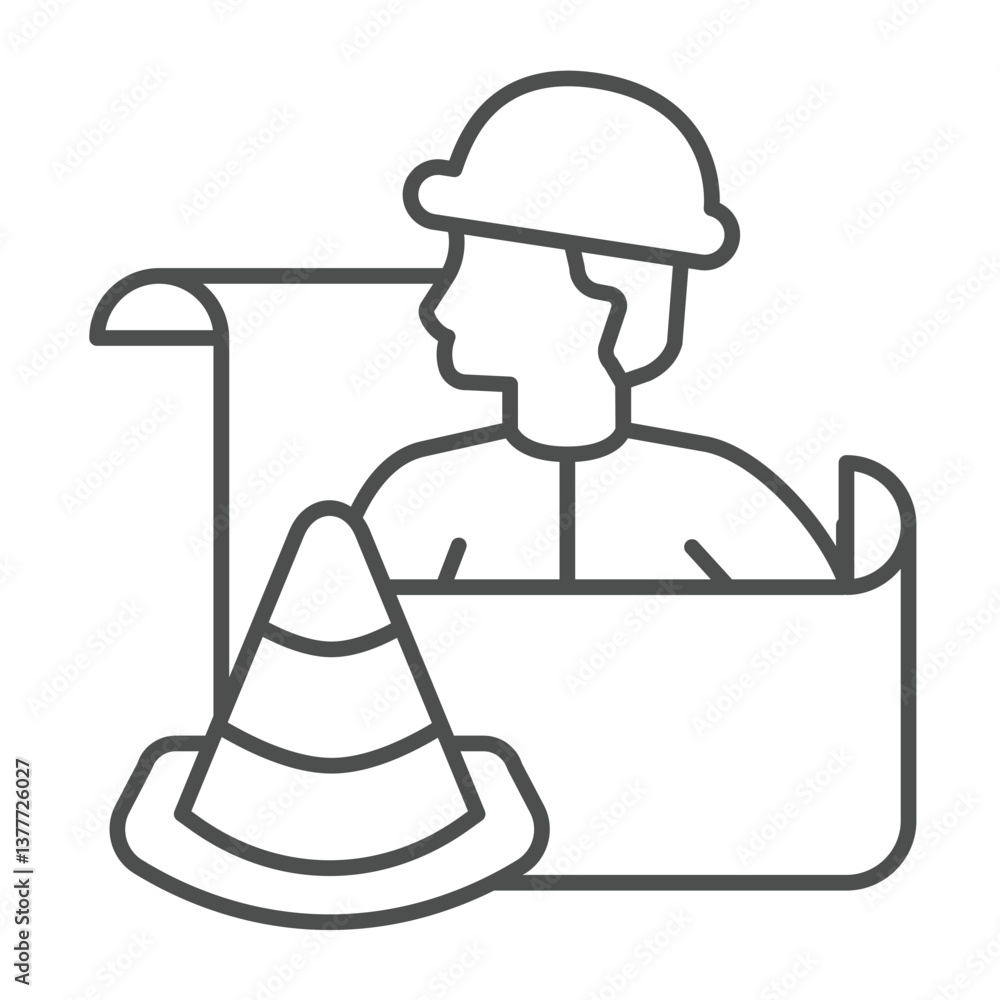 Poster engineer with projects and traffic cone thin line icon, making road concept. vector graphics. builde