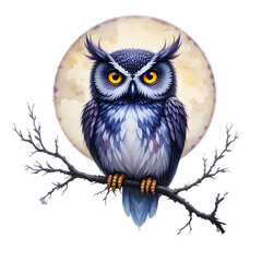 Naklejka premium Fantasy Owl Illustration on Tree Branch with Full Moon Background