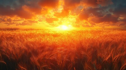 Fototapeta premium Golden Sunset Over Wheat Field Illuminating Dramatic Sky