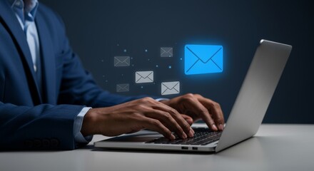 Digital communication concept: Man in blazer typing on laptop with email icons