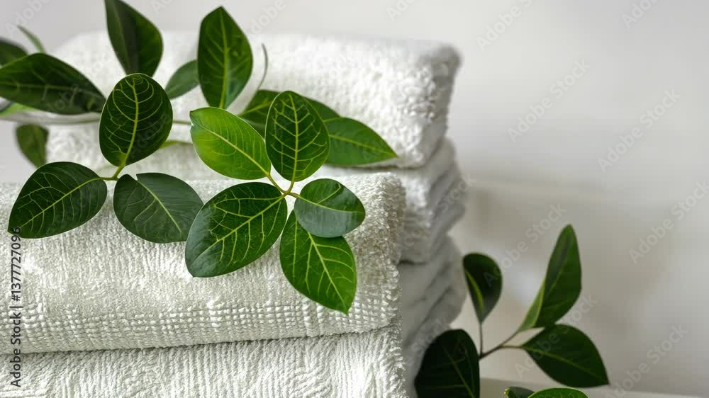Poster neatly arranged soft white towels resting on a surface, adorned with fresh green leaves adding a tou