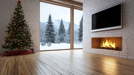 Fototapeta premium Cozy Living Room with Christmas Tree and Fireplace in Winter Scene