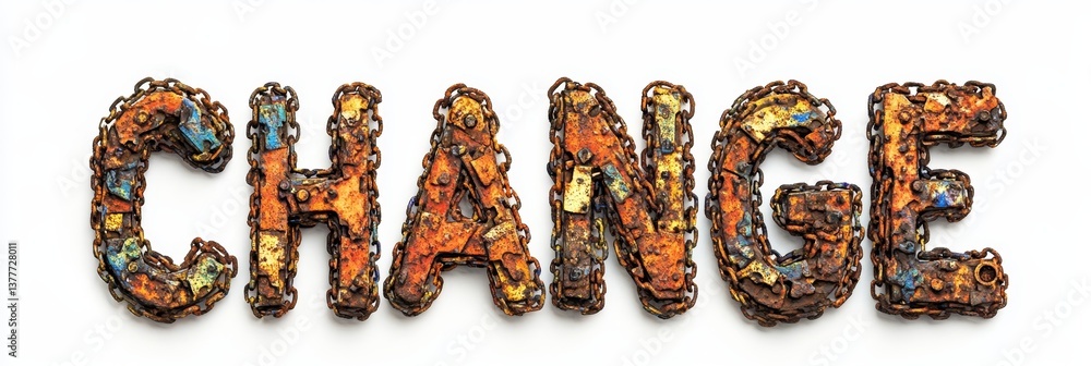 Poster the word change spelled with broken and rusty colorful chains links on white background