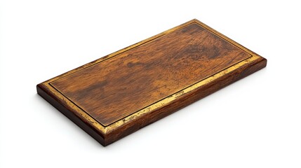 A rectangular wooden tray with a gold rim detail