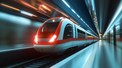 Fototapeta premium Sleek White and Red Train in a Bright Urban Station