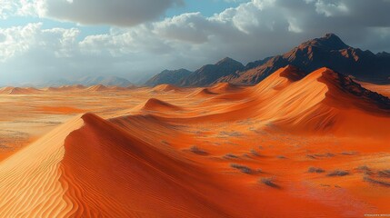 Naklejka premium Pixelated Landscape with Orange Sand Dunes Mountains and Blue Cloudy Sky