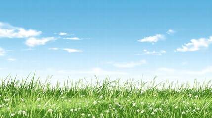 Fototapeta premium Vibrant Green Grass Field Under Bright Blue Sky with Fluffy White Clouds
