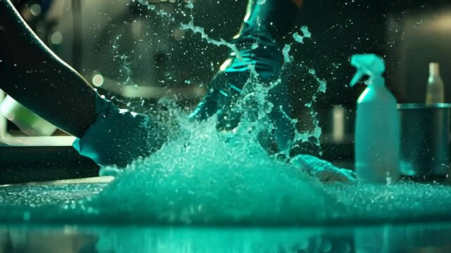 Hands in gloves wipe down kitchen surfaces while cleaning and sanitizing in a bustling restaurant atmosphere during evening hours