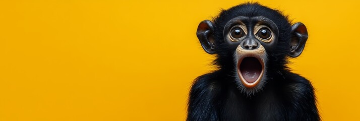 Fototapeta premium Surprised Baby Chimpanzee With Wide Open Mouth And Big Eyes On Bright Yellow Background