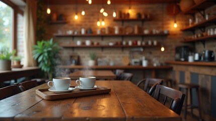 A cozy vintage coffee shop interior with rustic wooden tables, exposed brick walls, steaming coffee cups on wooden trays