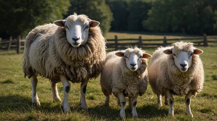 Fototapeta premium A charming trio of sheep standing in a sunlit meadow, showcasing their fluffy wool and serene expressions.