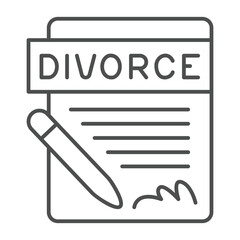 Signed document form and pen thin line icon, family lawyer concept. Vector graphics. Application for divorce, contract paper sign on white background, outline style icon for mobile or web design.