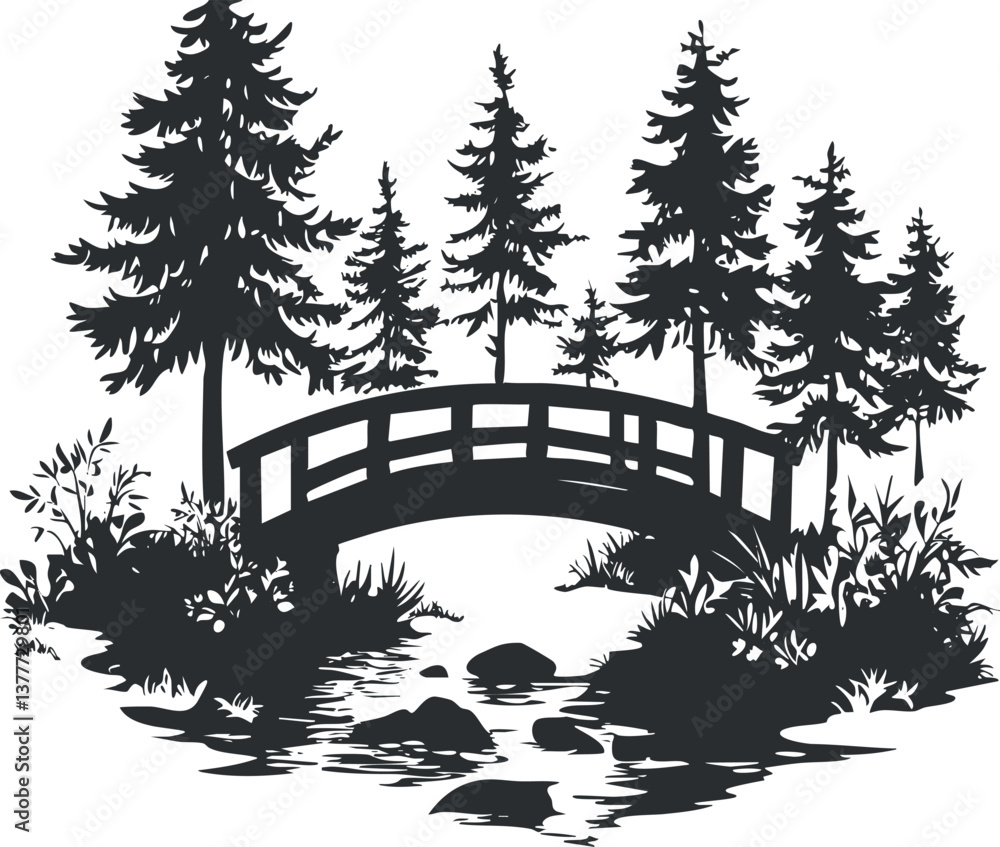 Poster silhouette of a bridge over a tranquil stream surrounded by trees and natural scenery.