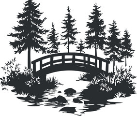 Fototapeta premium Silhouette of a bridge over a tranquil stream surrounded by trees and natural scenery.