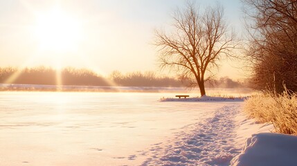 Serene Winter Sunset Over a Snow-Covered River with Frosted Trees and Soft Morning Light