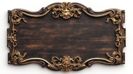 An ornate wooden sign with decorative bronze colored embellishments