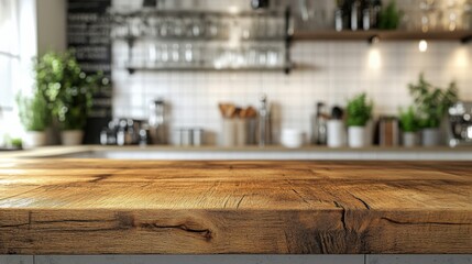 Rustic Wooden Kitchen Countertop with Fresh Herbs and Modern Kitchen Décor