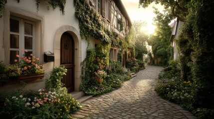 Naklejka premium Traditional french country lane with vibrant flowers and flag elements france nature scene serene atmosphere