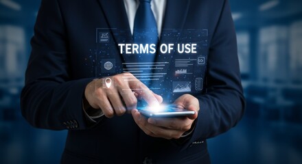 Terms of Use Digital Overlay on Smartphone held by Businessman in Suit