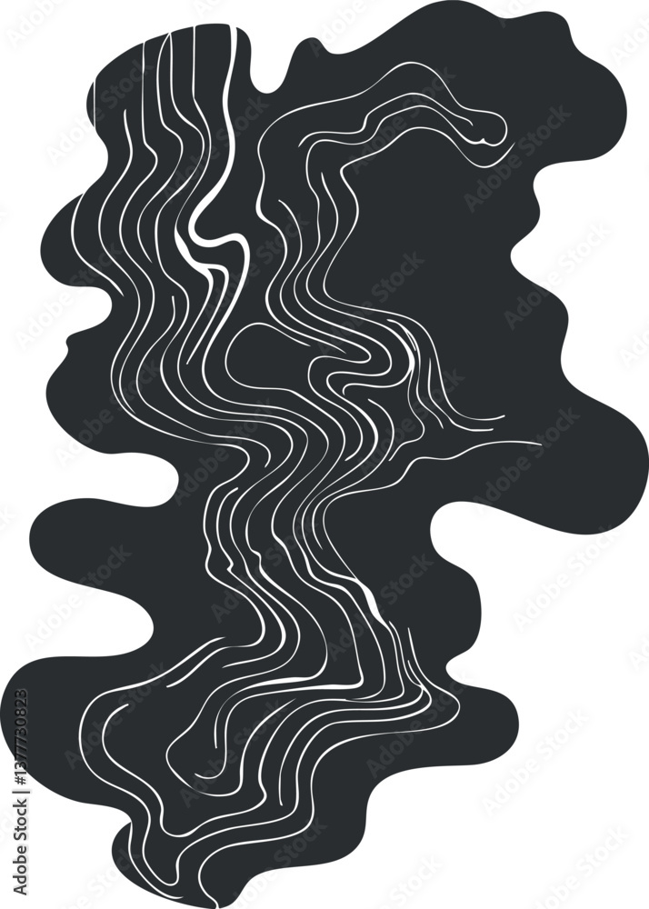 Poster abstract black and white line art with flowing curves and wave patterns.