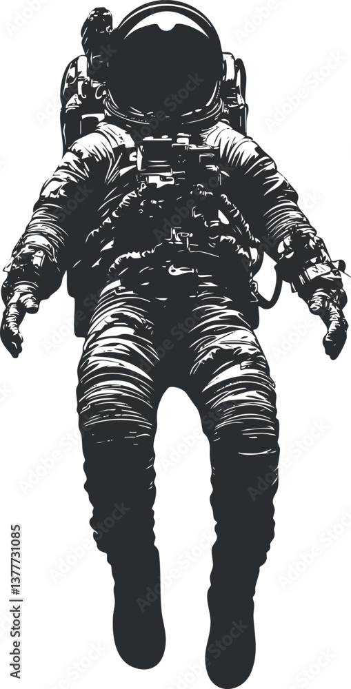 Poster black and white illustration of an astronaut in a spacesuit floating in space.