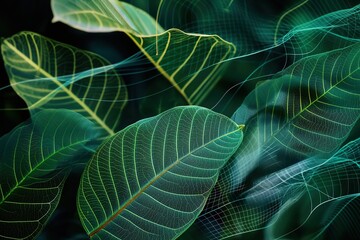 Naklejka premium Digital visualization of tropical leaves with sound waves and abstract elements for a nature-inspired background