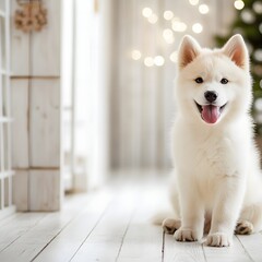 Happy White Puppy Sitting Indoors with Blurred Background and Warm Festive Atmosphere