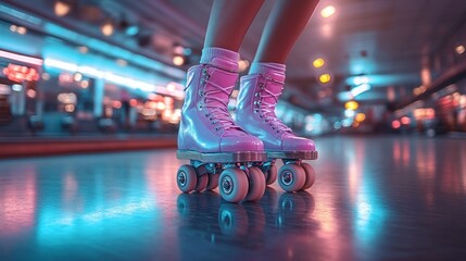 Pink Roller Skates, Night Skating Rink, Neon Lights, People Skating