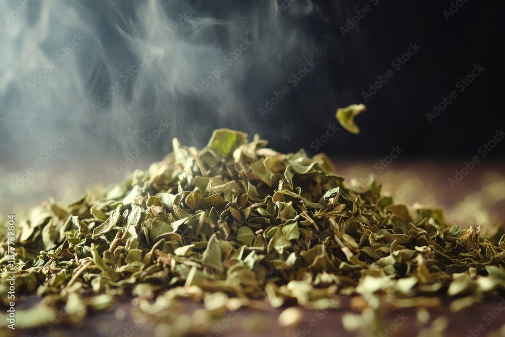 Poster dried herb leaves releasing aromatic smoke in a rustic setting during meal preparation