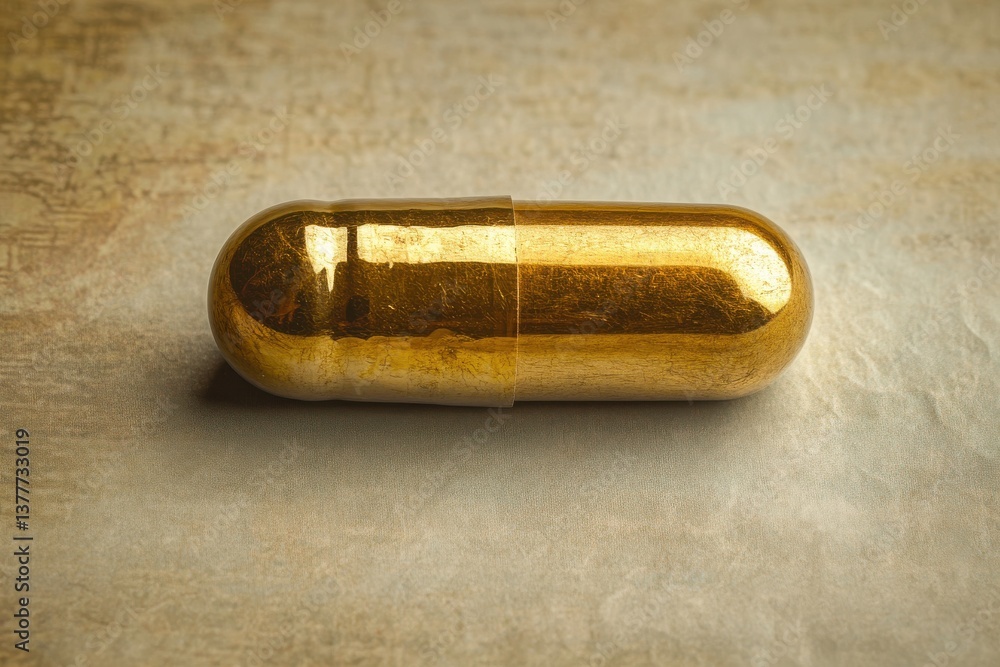 Poster golden capsule on a textured surface showcasing unique design and color under soft lighting