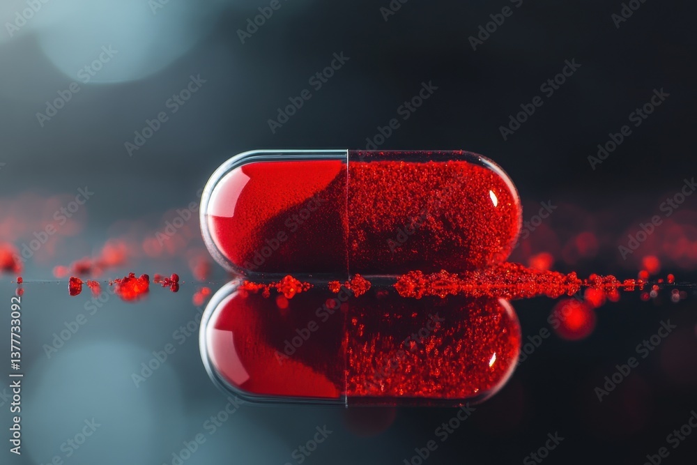 Aufkleber bright red capsule with powder on a reflective surface in a dark setting