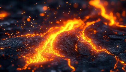 Close-Up Of Molten Lava Cracks, Black Volcanic Rock, Bright Orange, High Contrast, Vibrant Color.