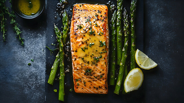 A luxurious seafood dish featuring pan-seared salmon with a lemon butter sauce, served with asparagus and wild rice
