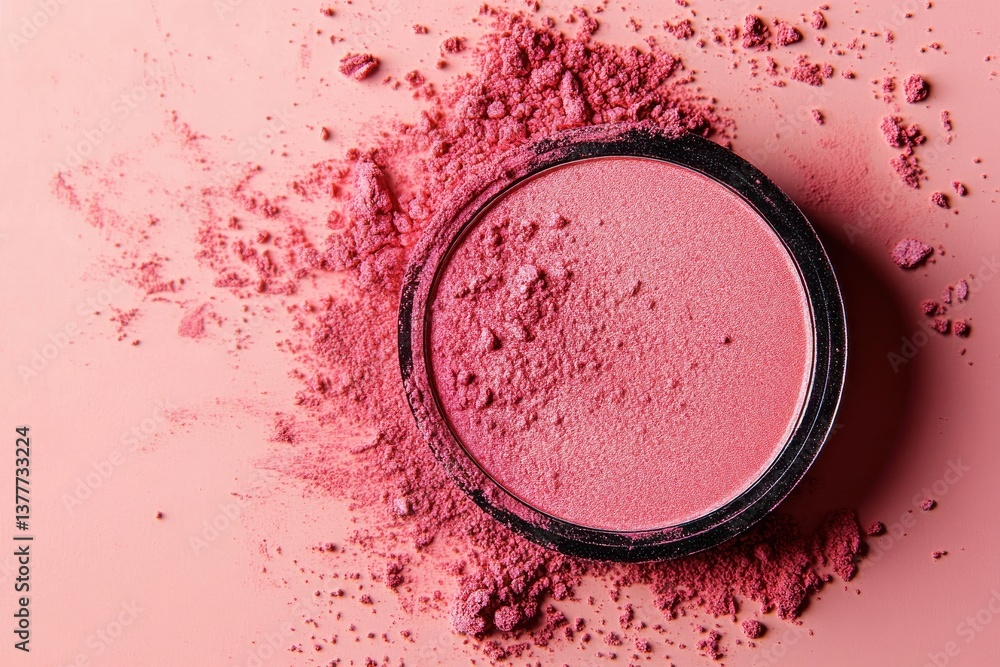 Aufkleber Blush powder spilled in a circular container on a soft pink background creating a vibrant makeup art effect