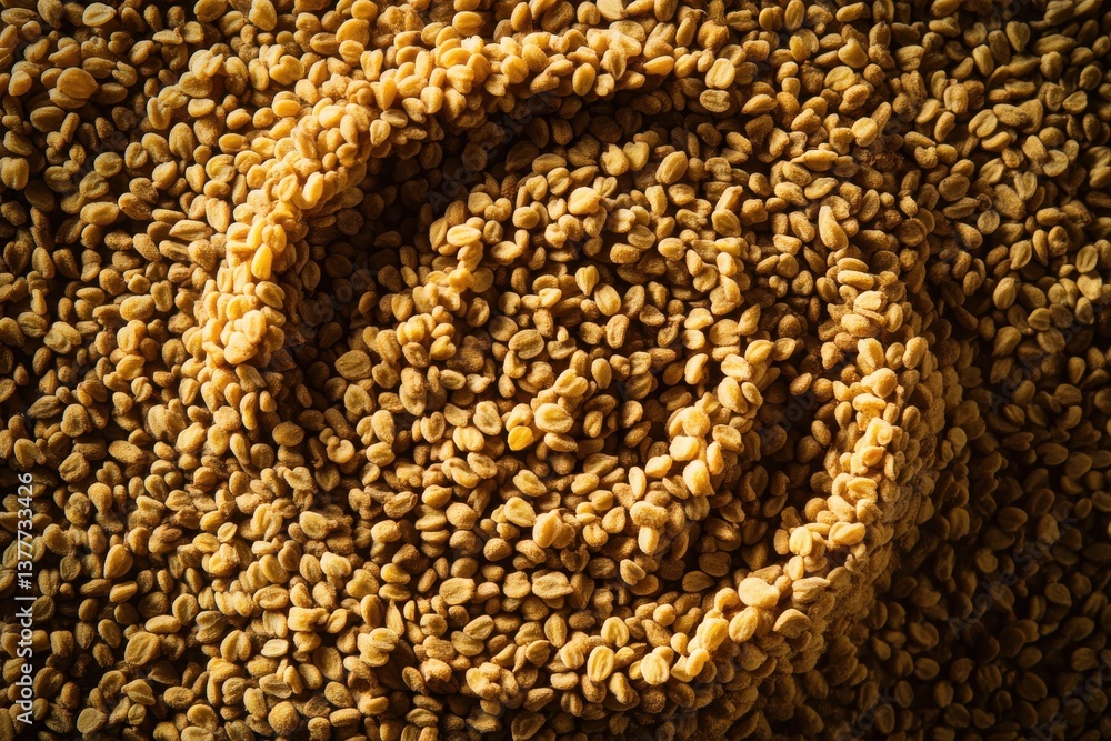 Poster yellow seeds arranged in a spiral pattern, showcasing their texture and color under warm light