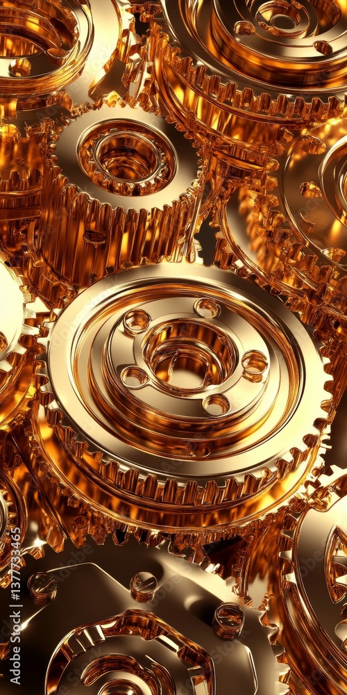 Poster golden gears a close-up view of metallic mechanical precision and engineering complexity
