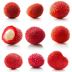 Collage of Fresh Lychee Fruits with Textured Red Skin and Juicy White Flesh on White Background