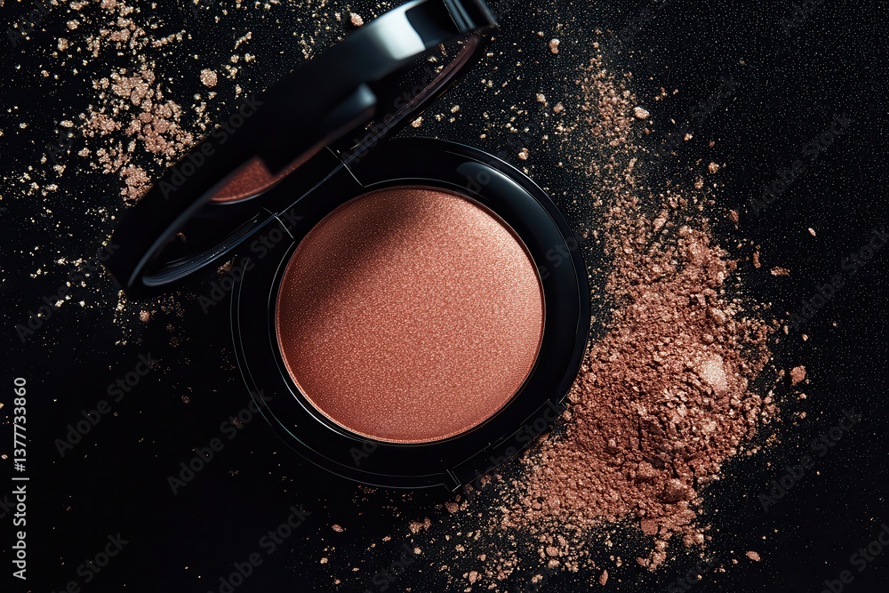 Poster bronze blush compact resting on black surface with scattered powder during makeup session in a well-