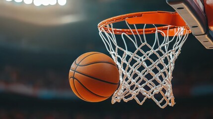 Exciting Basketball Moment: Ball Soaring Through Hoop in Dynamic Arena Setting