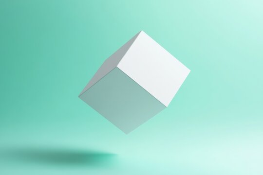 Floating white cube against mint green background in minimalist artistic composition
