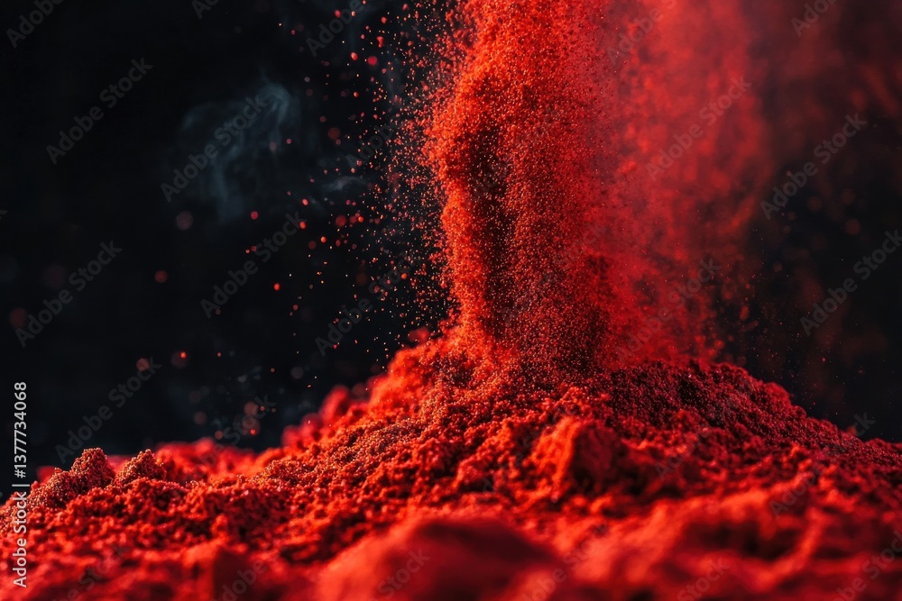 Poster bright red spices form a cloud of powder, showcasing vibrant texture and color in a dark environment