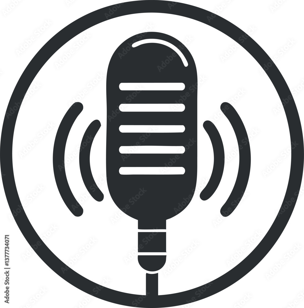 Poster black and white microphone icon with sound waves representing audio broadcasting and communication.