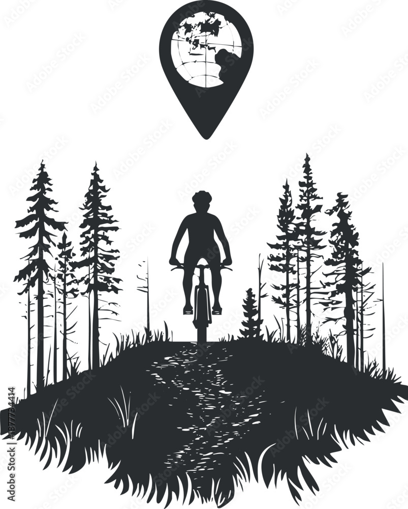 Poster Silhouette of a cyclist riding through a forest with a location marker above.