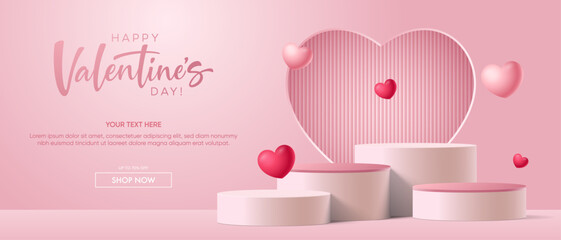 Realistic pink 3D cylindrical podium with heart shaped background for valentine's day banner. Valentine's day minimal scene for products showcase, Promotional display. Vector room platforms.