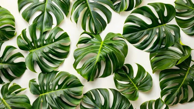 Decorative arrangement features intricately patterned monstera leaves filling a light background, ideal for design enhancement