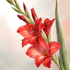 Red and White Lily Flower on Green Background with Blooming Petals